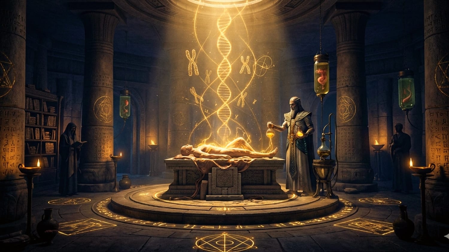 Representação artística de seres Anunnaki e tábuas sumérias de argila com escrita cuneiforme.