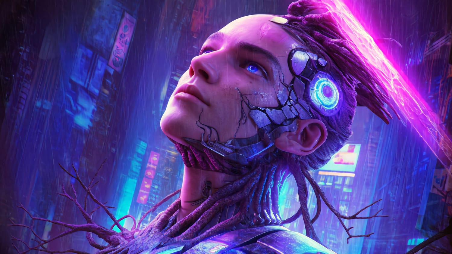Representação digital de um rosto humano fundido com circuitos de IA e um olho vigilante ao fundo, simbolizando o sistema de controle global.