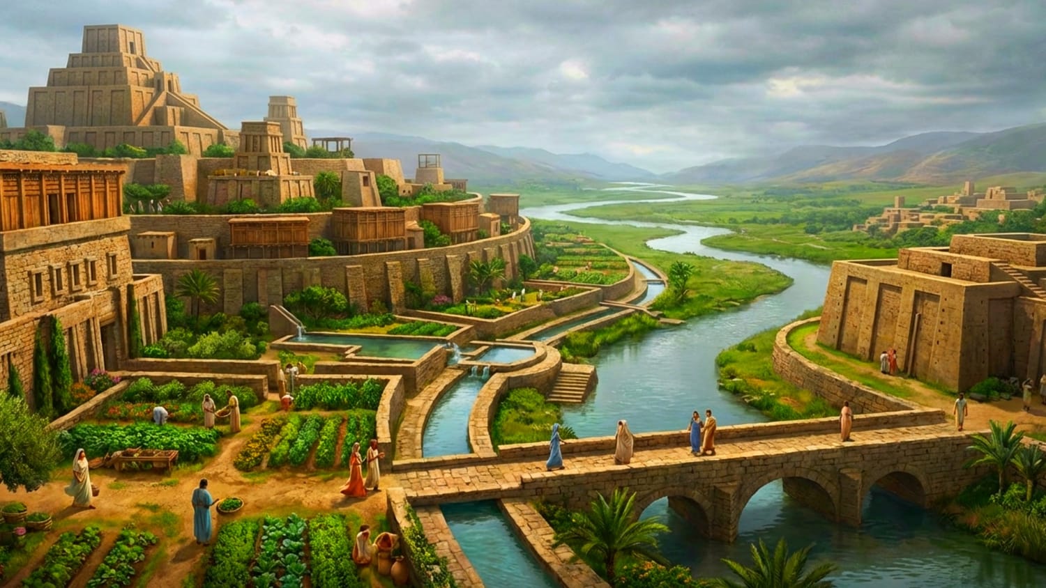 Representação de uma civilização antiga com pessoas caminhando por cima de um ponte erguido nas aguas, que conecta a cidade com outra.