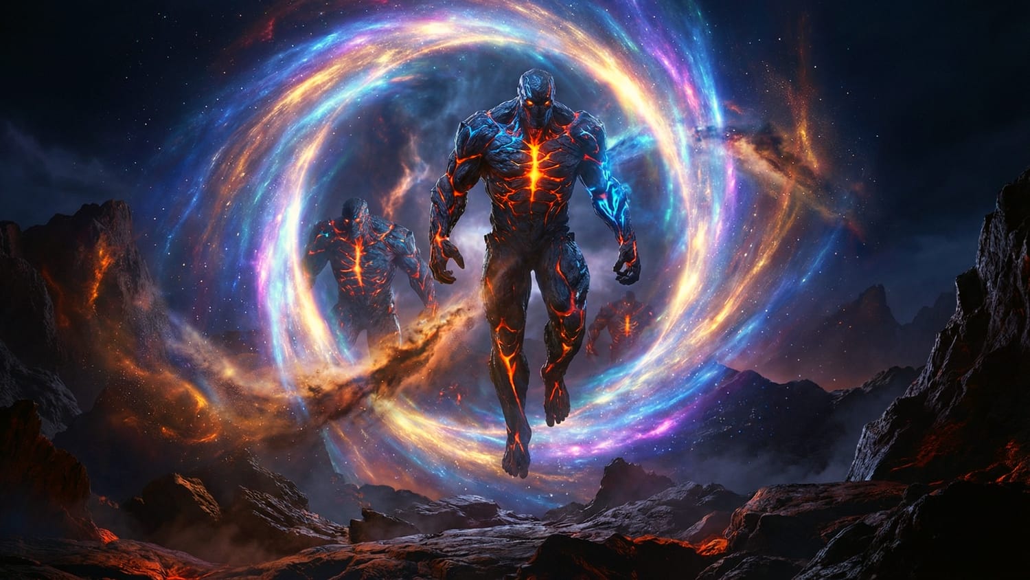 Um portal dimensional abrindose e um gigante flutuando saindo, e outro atrais observando. 