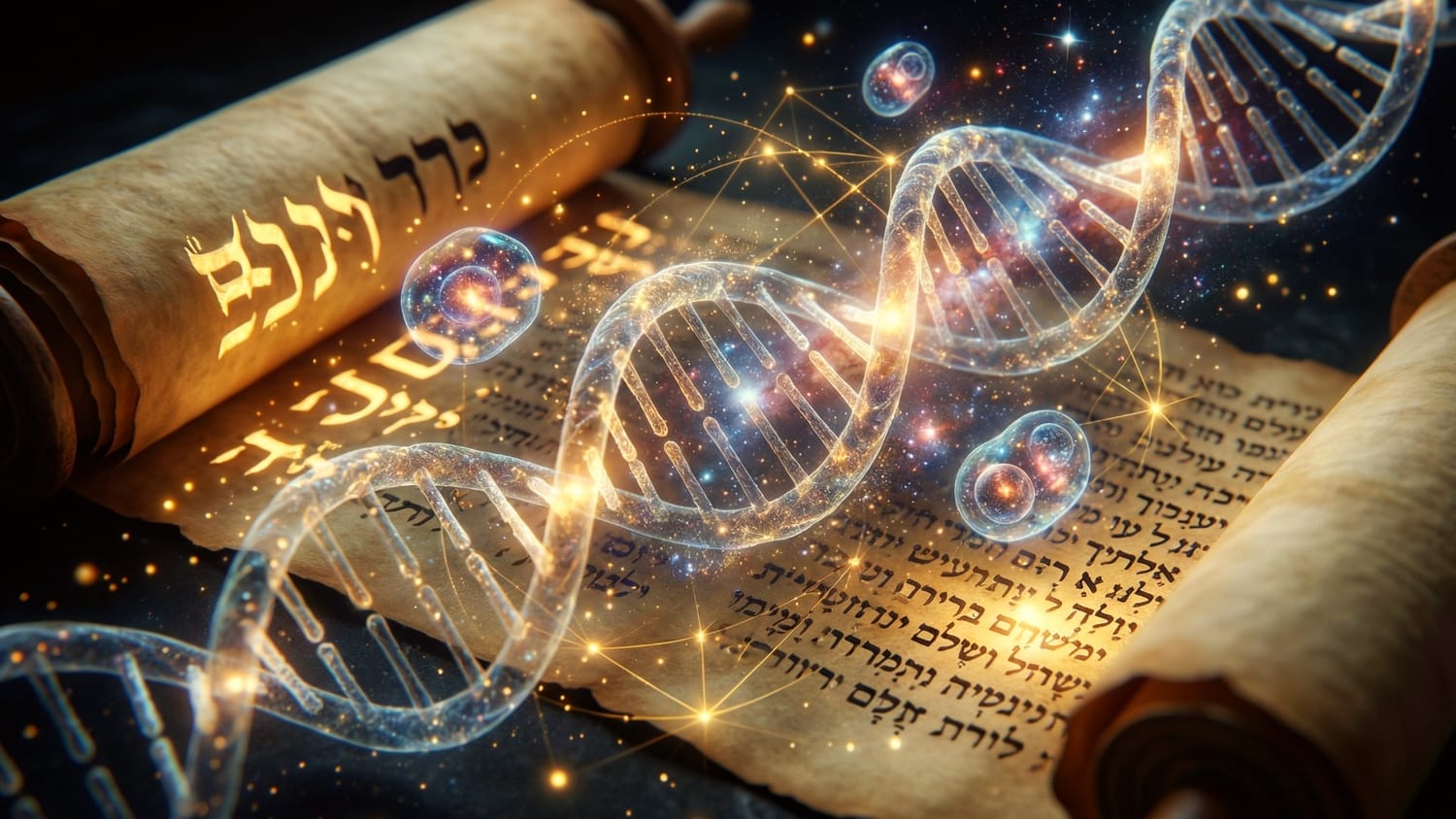 Pergamino antigo aberto com simbolos brilhantes e uma hélice de DNA flutuando acima.