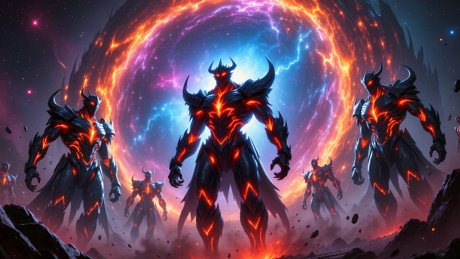 portal interdimensional aberto no espaço e 5 gigantes hibridos olhando pra frente.