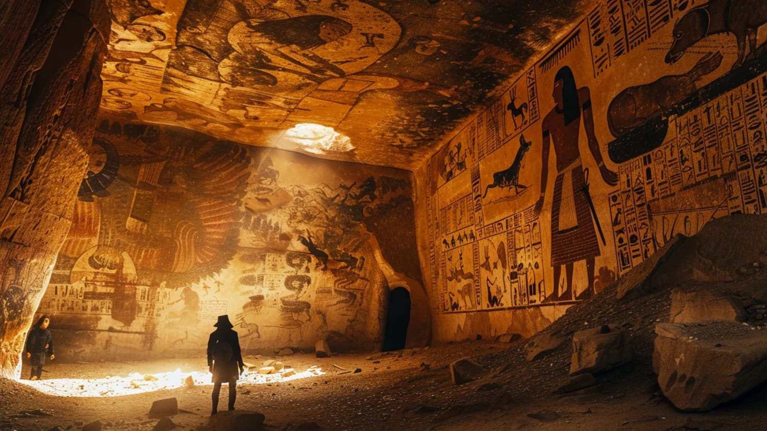 "Uma cena cinematográfica no interior de uma caverna iluminada por um feixe de luz solar. As paredes estão cobertas por pinturas que misturam figuras egípcias tradicionais com diagramas técnicos complexos, naves espaciais e seres humanoides altos. Dois exploradores em silhueta observam a vastidão da descoberta arqueológica."