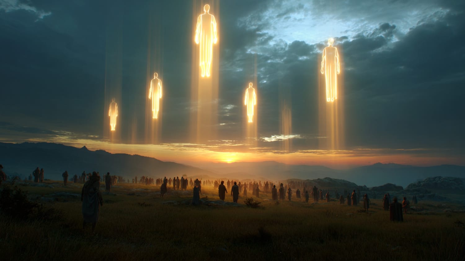 "Uma multidão de pessoas em trajes antigos observa, em um campo ao pôr do sol, várias figuras humanas gigantes compostas de luz dourada intensa que flutuam verticalmente no céu. Os seres emitem feixes de luz para baixo, criando uma cena de reverência e mistério entre o divino e o extraterrestre."