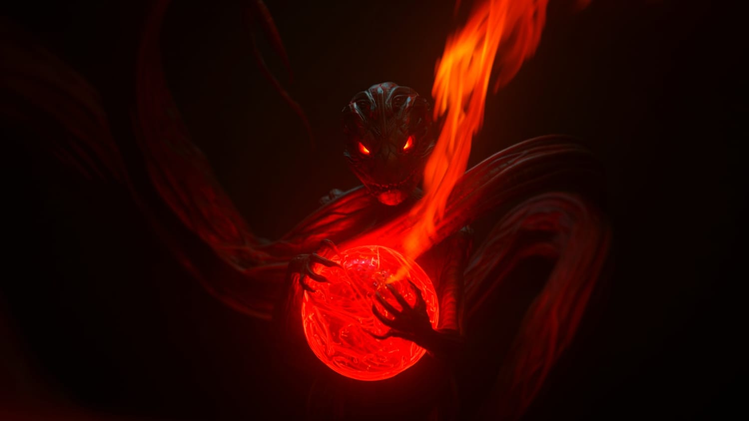 "Uma figura humanoide sinistra e sombria com olhos vermelhos brilhantes, assemelhando-se a uma entidade reptiliana ou demoníaca, segura uma esfera de energia vermelha pulsante entre as mãos. Tentáculos escuros se projetam de suas costas contra um fundo preto, simbolizando o controle oculto por trás da Matrix."