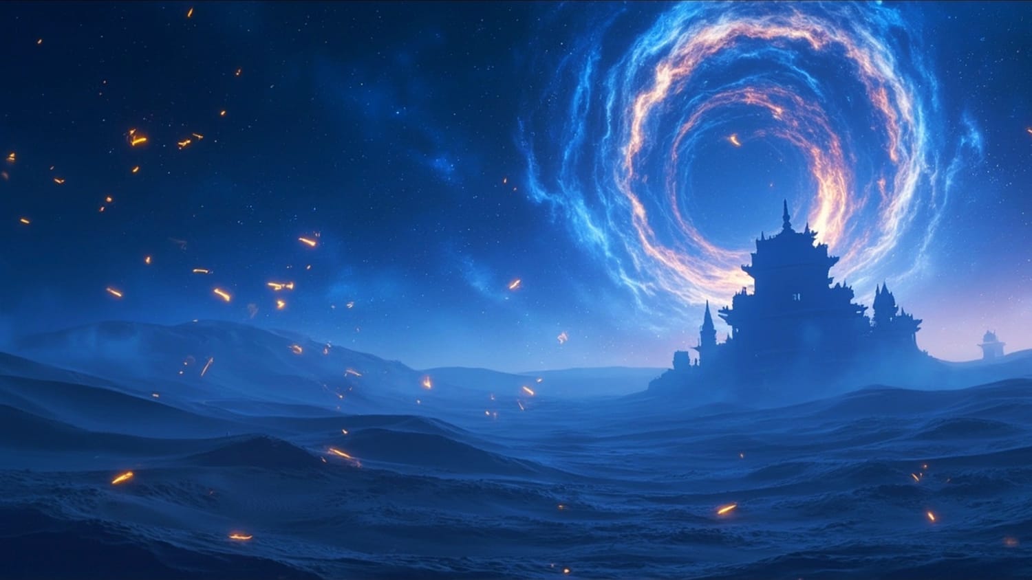 "Um templo antigo sob um céu cósmico dominado por um enorme portal de energia circular durante o fim dos tempos."