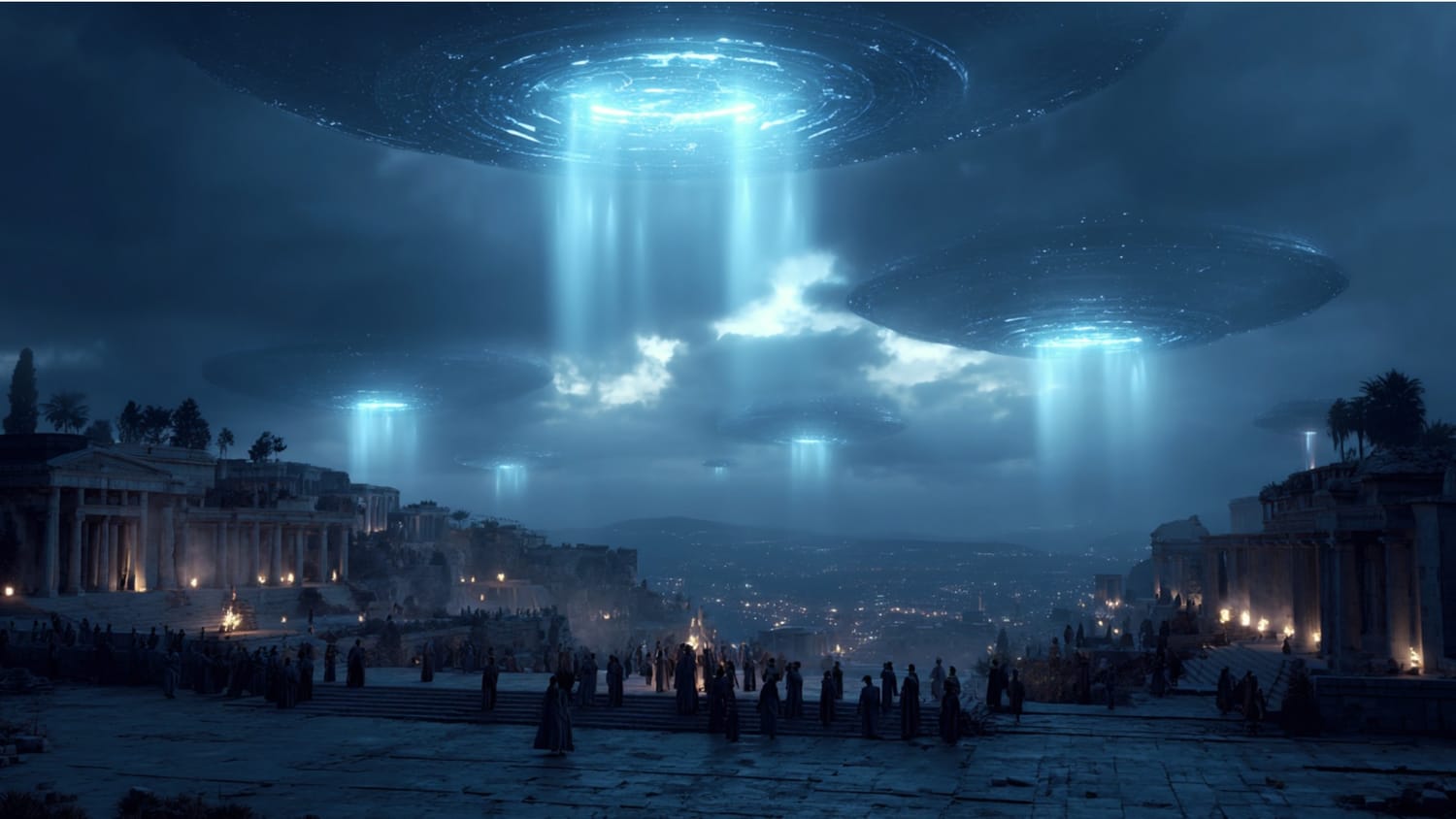 Portal dimensional se abrindo no céu noturno com esferas luminosas, simbolizando a hipótese interdimensional dos OVNIs.
