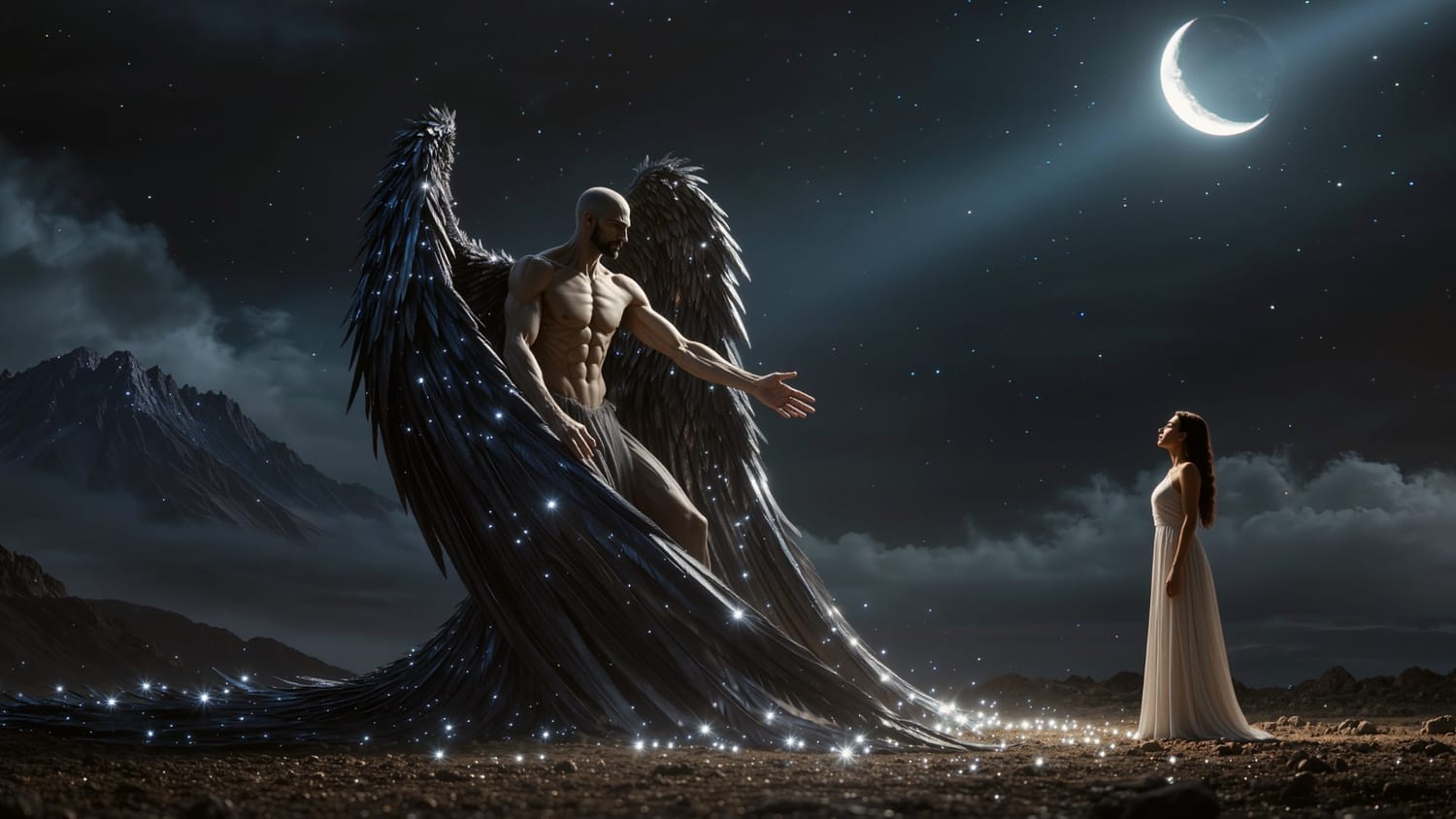 "Sob o céu noturno estrelado e a luz de uma lua crescente, um anjo imponente e musculoso com vastas asas negras repletas de faíscas de luz paira sobre uma paisagem desértica. Ele estende a mão para uma mulher em um vestido branco flutuante, que olha para cima, em uma cena de encontro celestial e questionamento espiritual."