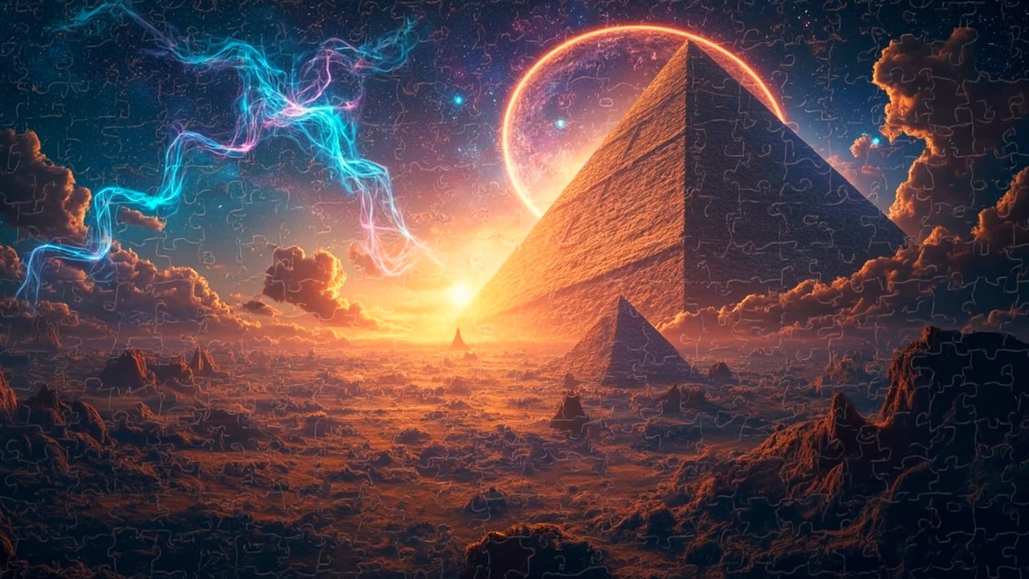 "Representação artística de tecnologia ancestral e conexões estelares, mostrando pirâmides sob um céu apocalíptico com fenômenos energéticos e um portal gigante no horizonte. A imagem é estilizada com o formato recortado de linhas de um quebra-cabeça, simbolizando a montagem de um mistério histórico."