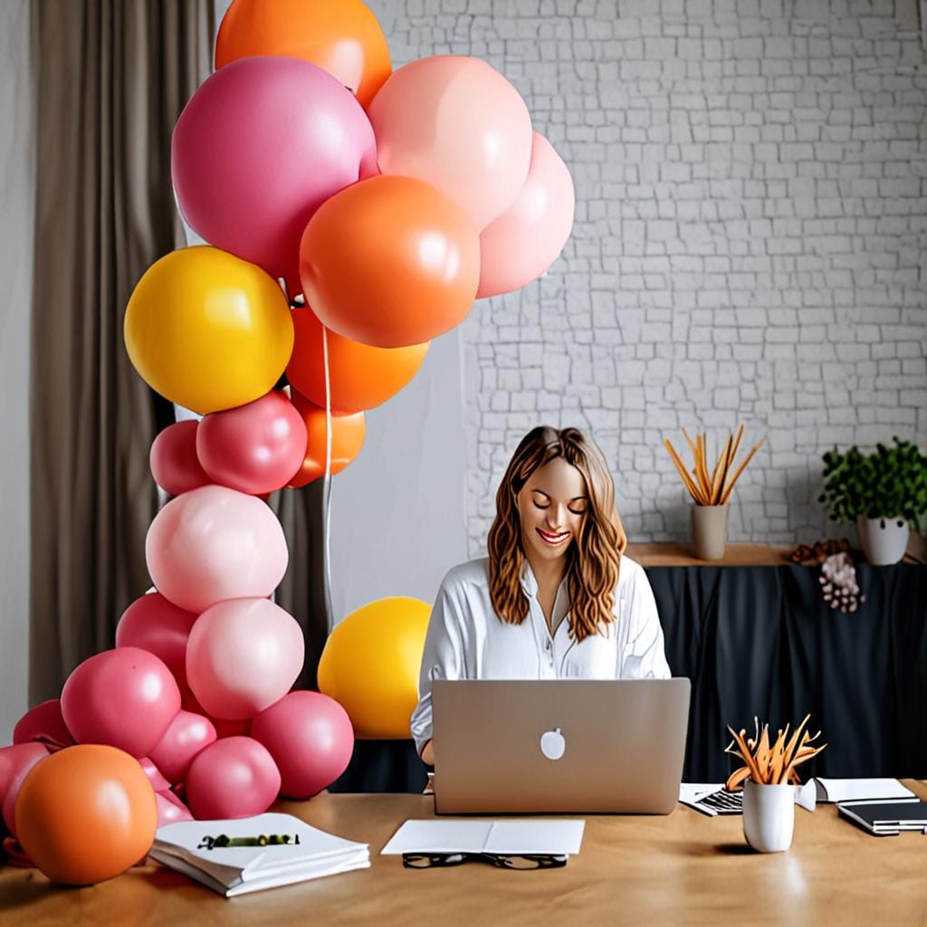 balloon and event stylist working on laptop, warm creative studio, small business