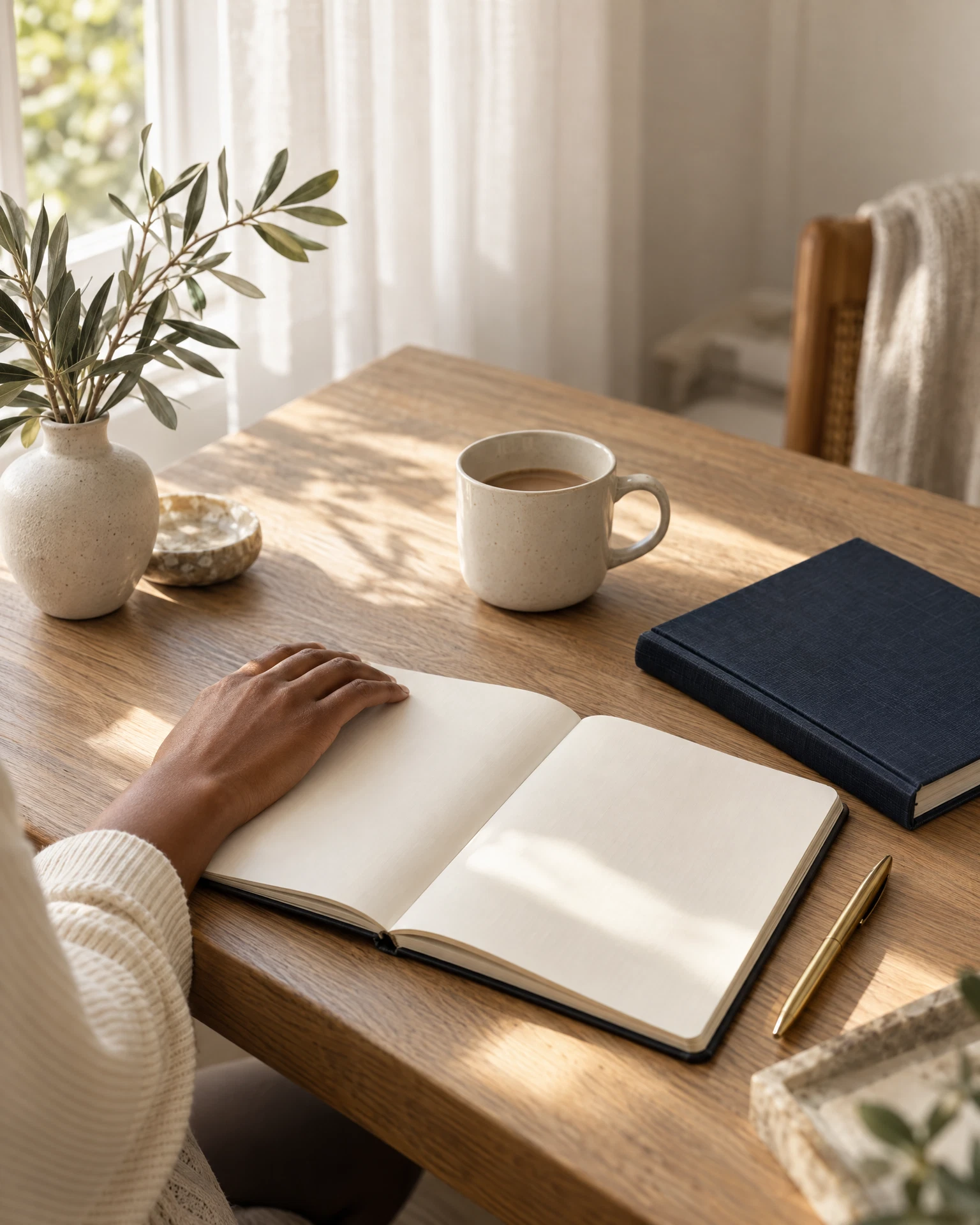 An open notebook, navy journal and cream mug in a quiet home workspace