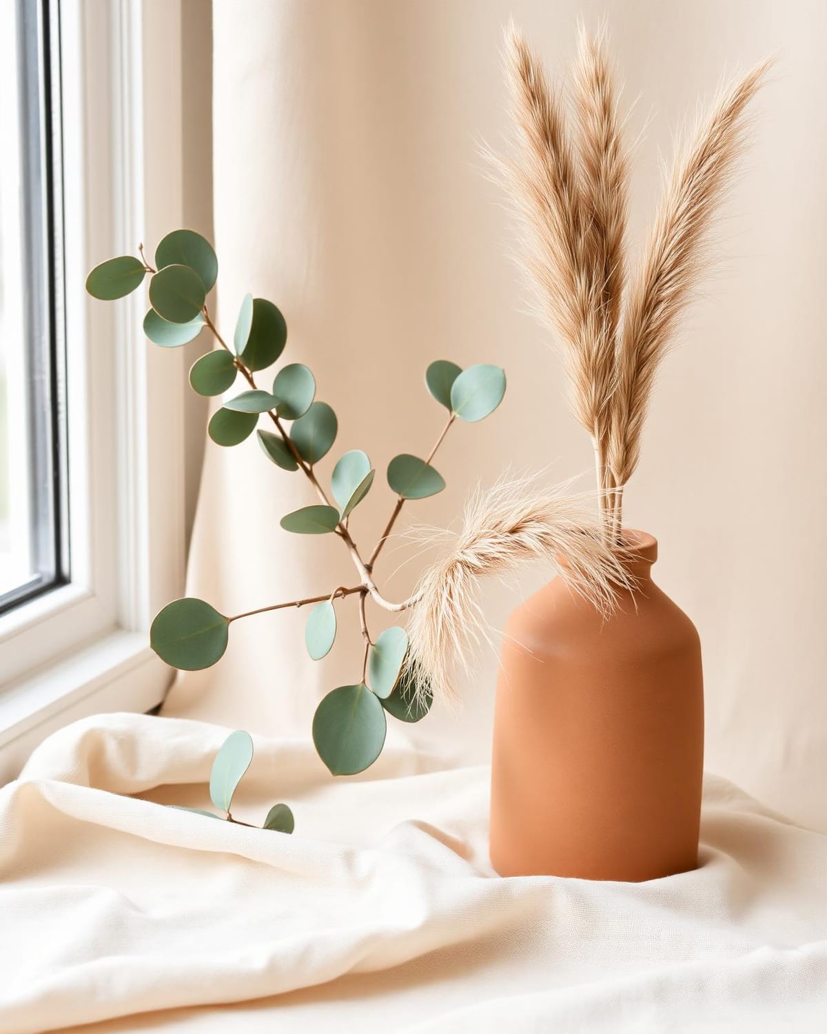 Eucalyptus sauge et vase terracotta sur lin crème