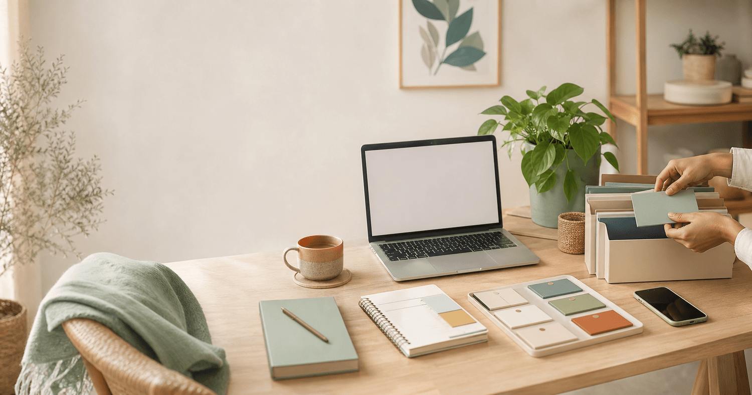 Entrepreneure organisant son activité sur un bureau lumineux