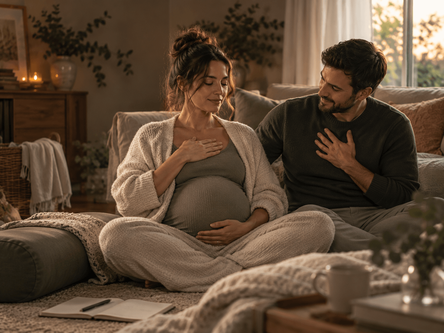 AI illustration of a pregnant couple practising calm breathing — explore hypnobirthing