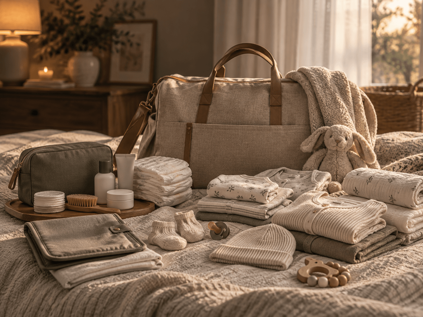 AI illustration of a hospital bag and baby preparation items — Oakmere Essentials coming soon