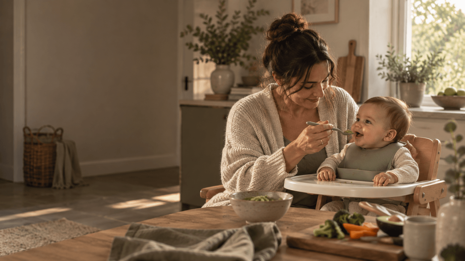 AI illustration of a parent offering food to a baby seated in a highchair