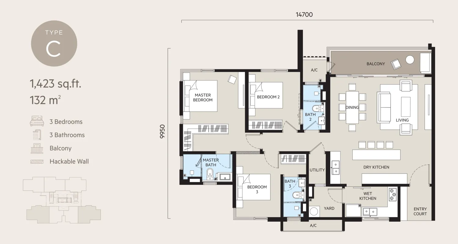 Type C Floor Plan - 1,423 sq.ft