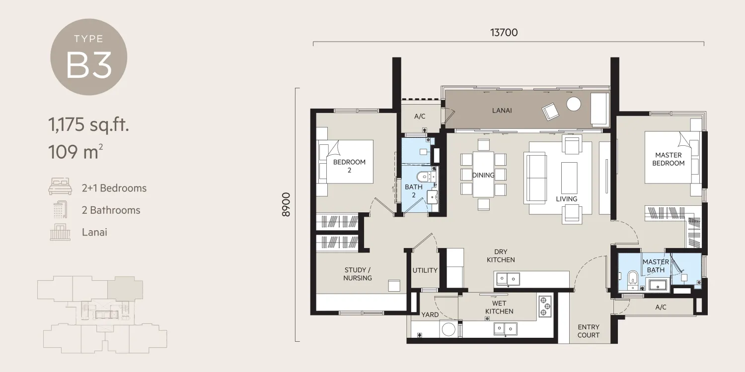 Type B3 Floor Plan - 1,175 sq.ft