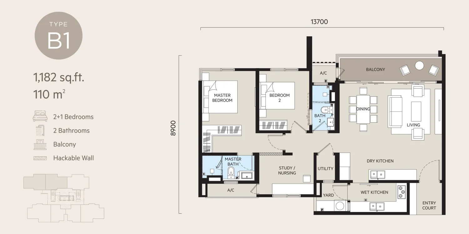 Type B1 Floor Plan - 1,182 sq.ft