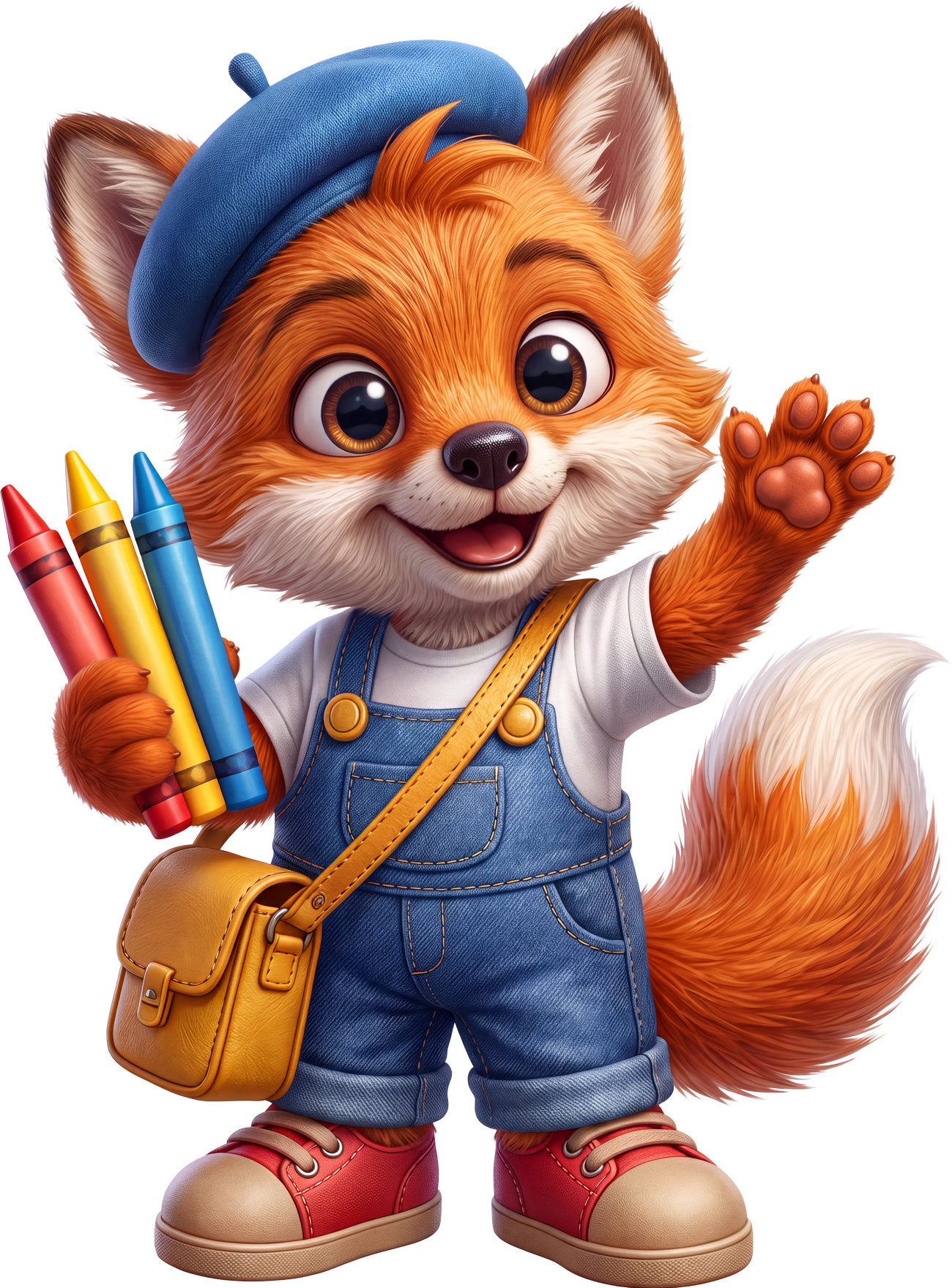 Lucino the Fox, a young orange fox in a blue beret and overalls, holding crayons and waving hello