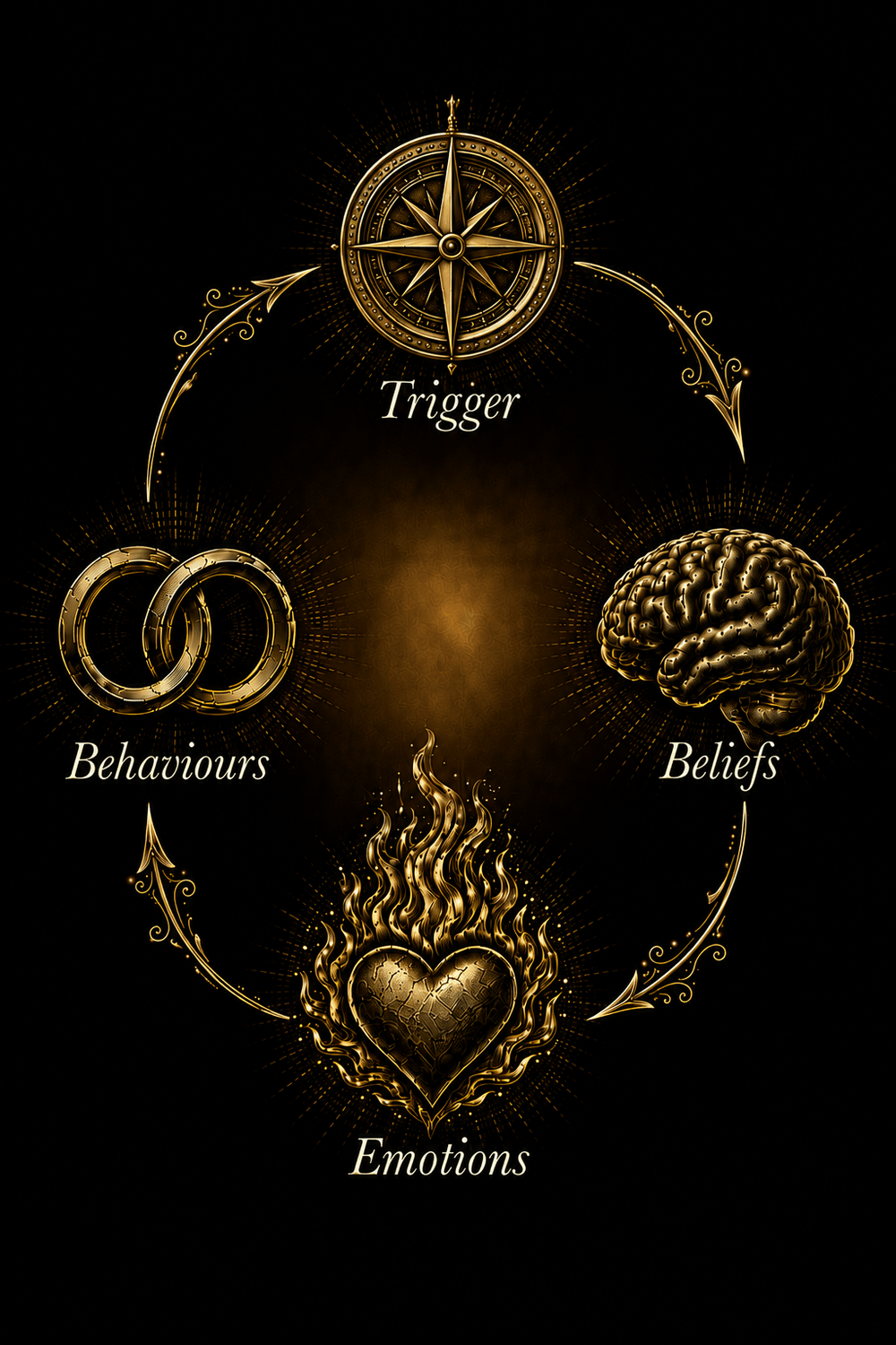 Diagram showing how beliefs drive emotions, behaviours, and outcomes in relationships, the model Relic uses to fix what's breaking.