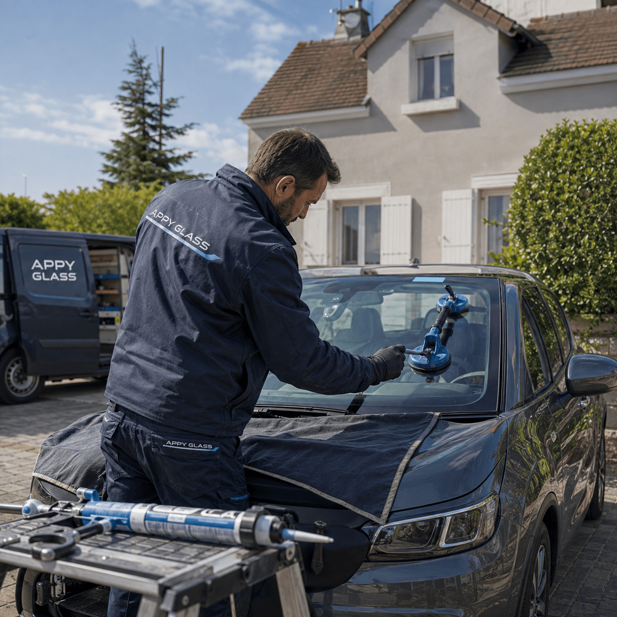 Technicien Appy Glass intervenant sur un pare-brise à domicile