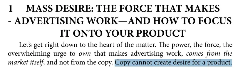 Excerpt from Breakthrough Advertising showing Eugene Schwartz's principle that copy cannot create desire for a product.