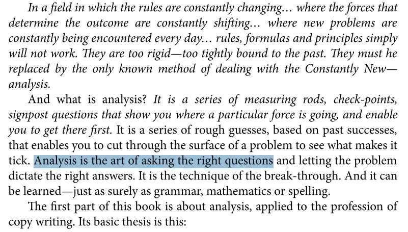 Excerpt from Breakthrough Advertising showing Eugene Schwartz's principle that Analysis is the art of asking the right questions.