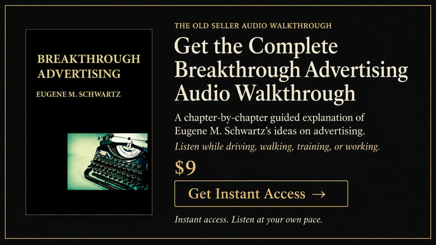 Advertisement linking to The Old Seller's Breakthrough Advertising audio walkthrough sales page, featuring the book cover, pricing, and instant access button.