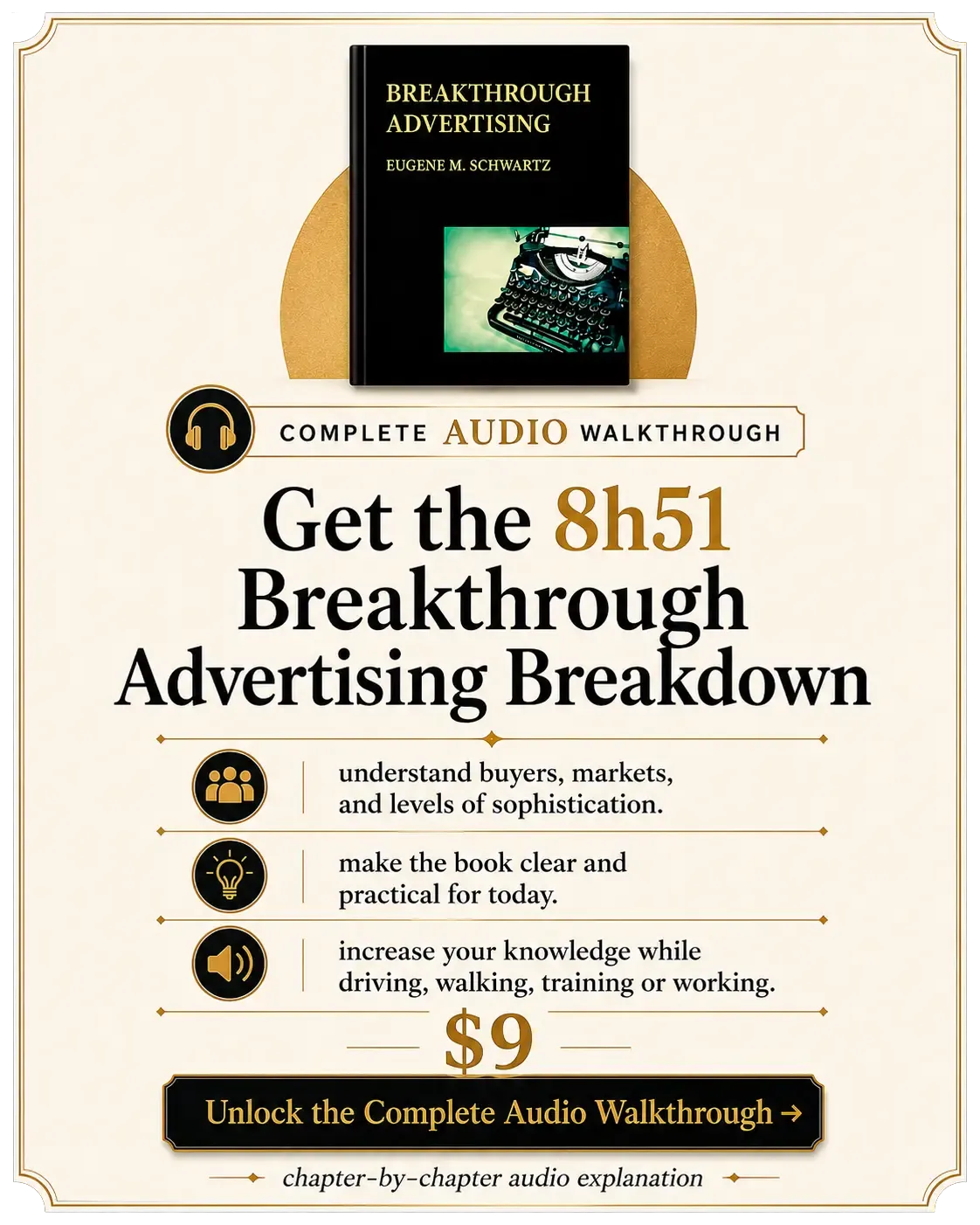 Advertisement linking to The Old Seller's Breakthrough Advertising audio walkthrough sales page, featuring the book cover, pricing, and instant access button.