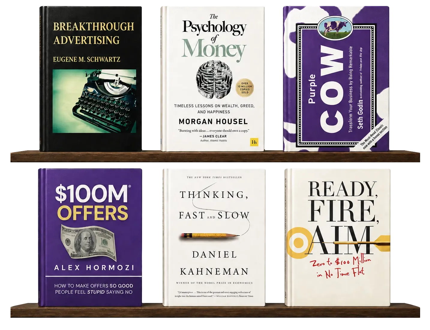 Six business book covers displayed on two wooden shelves.