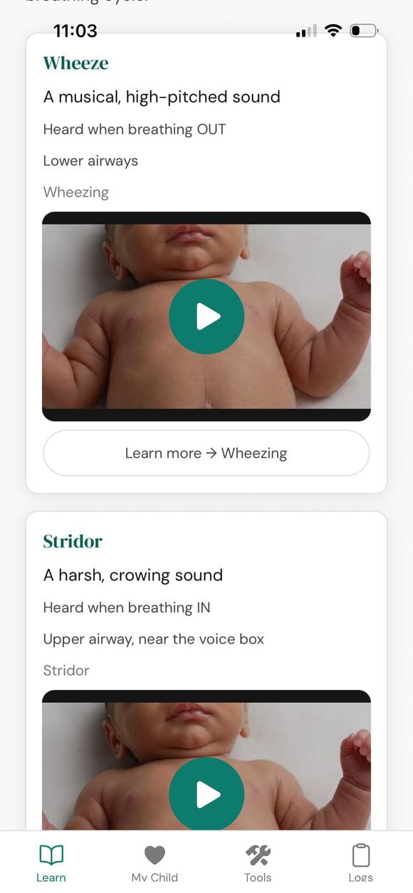 PediaPulse breathing sounds guide showing wheeze and stridor video cards
