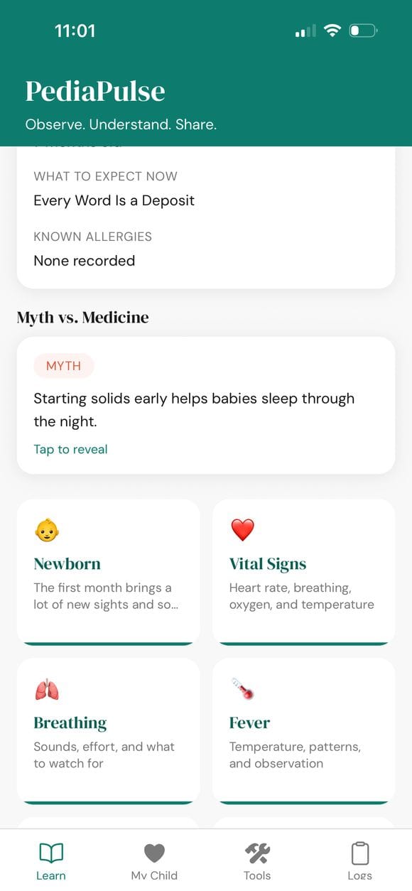 PediaPulse Learn hub showing Myth vs. Medicine and symptom categories