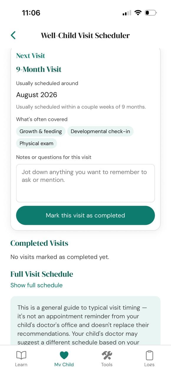 PediaPulse well-child visit scheduler showing the next visit and notes field