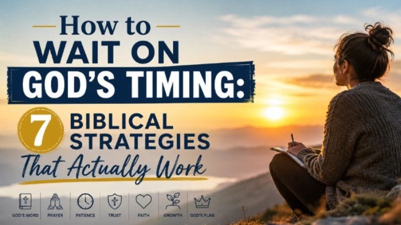Woman sitting on a mountain at sunrise praying and reflecting with text about waiting on God’s timing and biblical strategies for faith and patience.