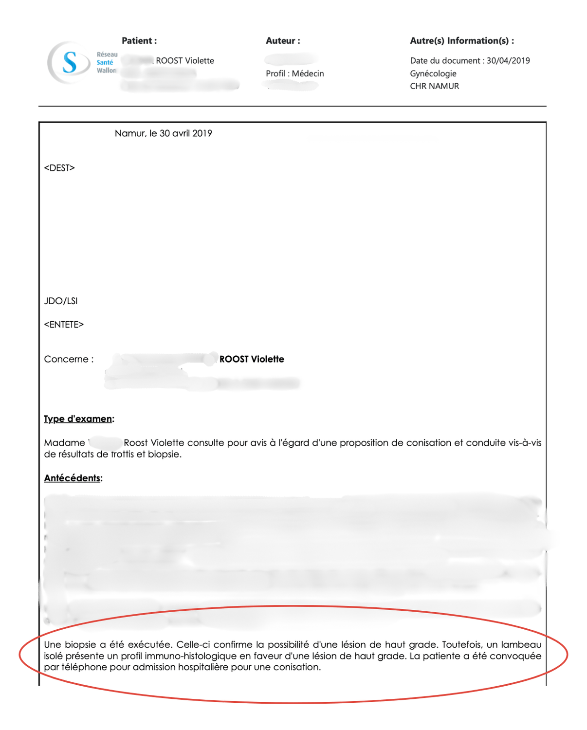 Courrier médical de gynécologie évoquant une lésion de haut grade et une proposition de conisation.