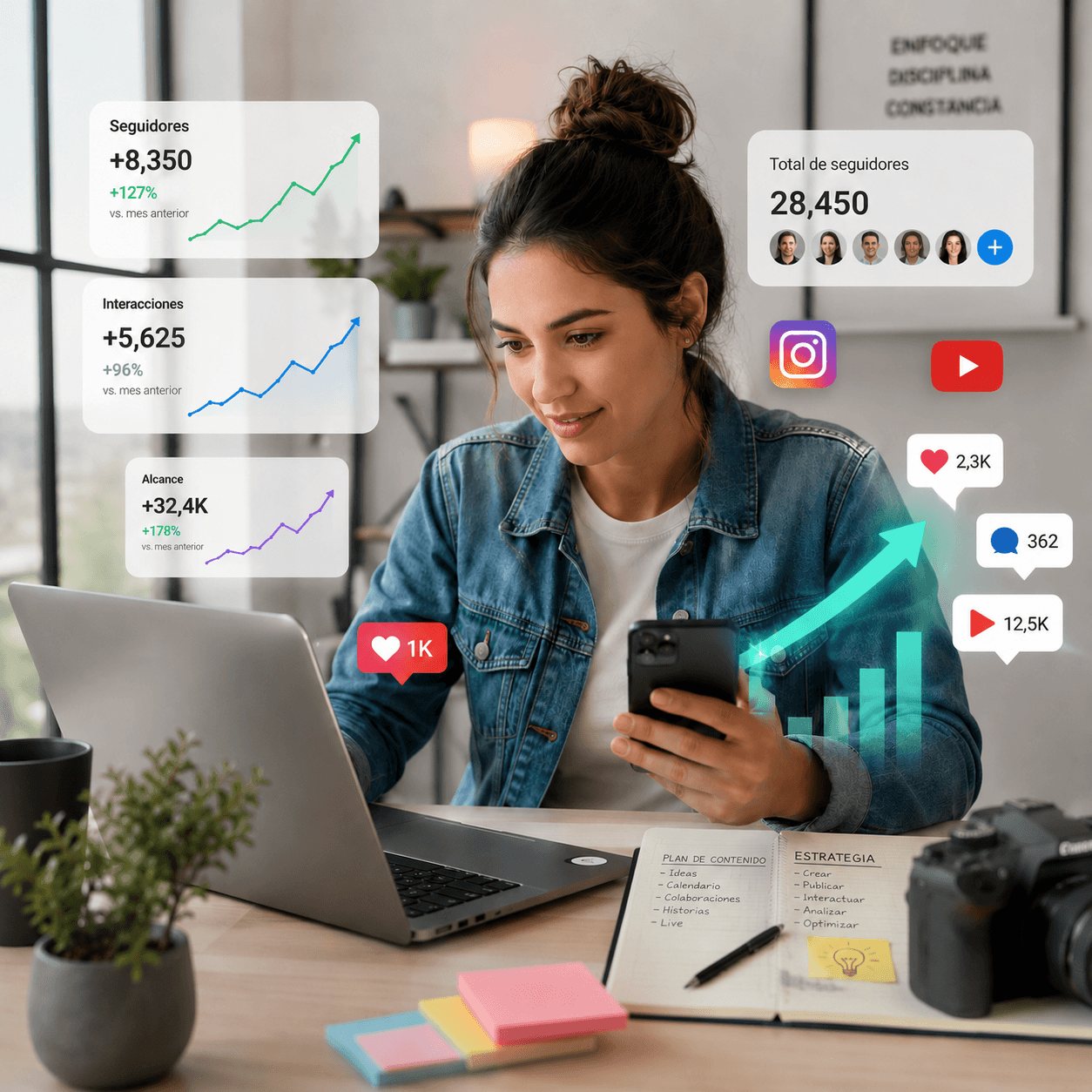 Mujer trabajando en analítica digital y estrategia de contenidos