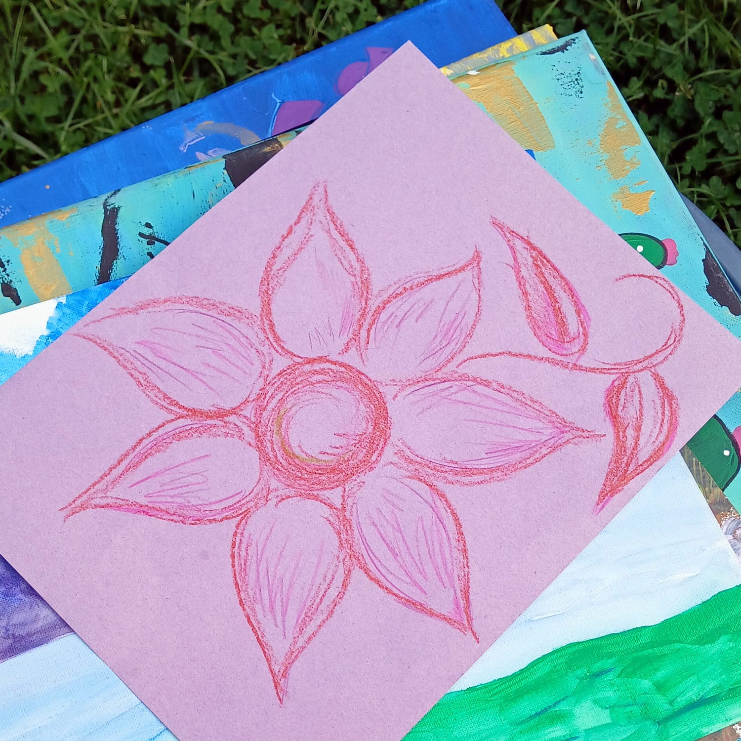 Pastel drawing by Elissa: a pink flower on pink paper