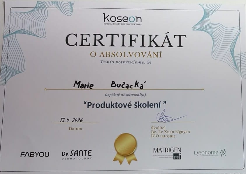 Certifikát produktové školení korejské kosmetiky Matrigen, Dr. Sante, Fabyou, Lysonom – Face Atelier Marie Černý Most