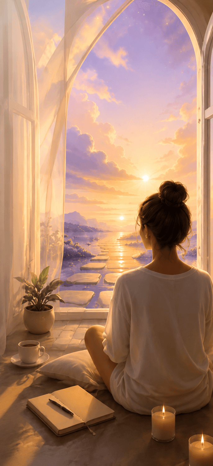 Femme qui médite face au coucher de soleil