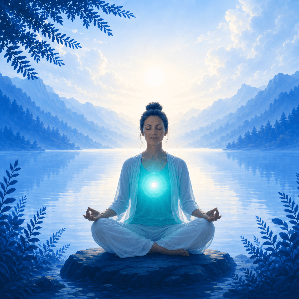 Femme en méditation au bord d'un lac de montagne
