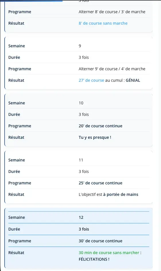 Aperçu : tableau d'entraînement structuré par semaine et séance