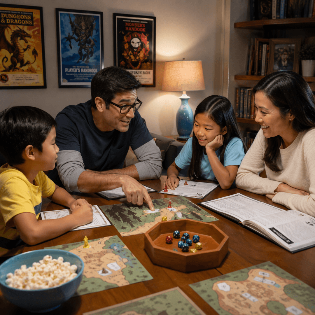 A family playing Tiny Quests Forge around the kitchen table