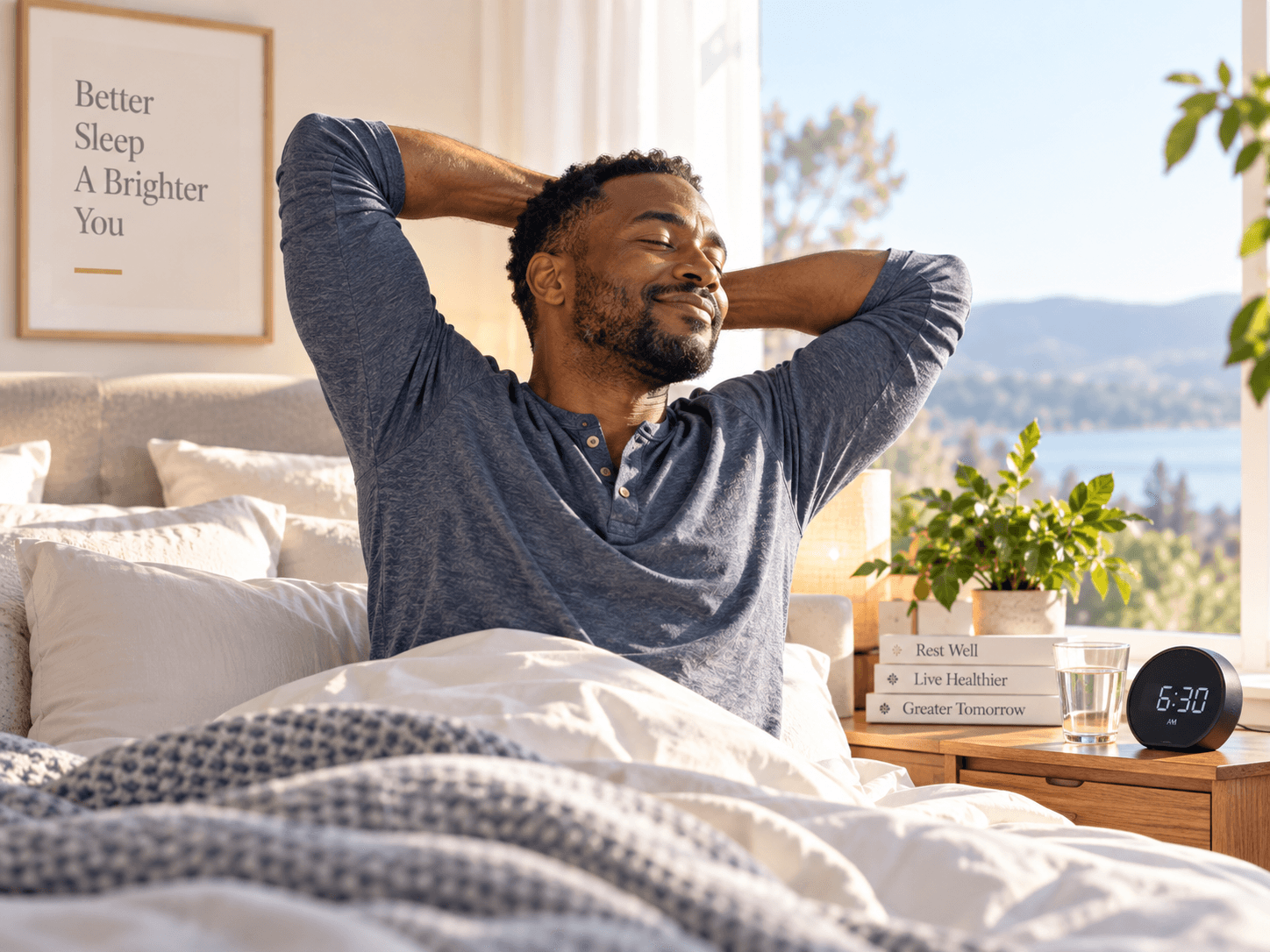 Man waking after sleep in a bright peaceful bedroom