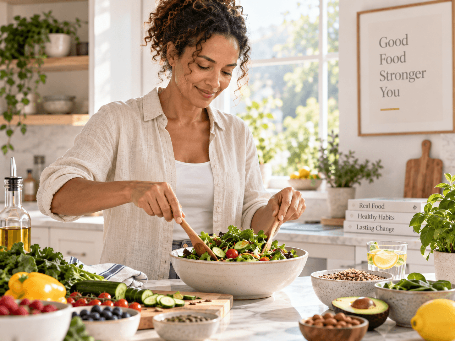 Woman preparing a fresh balanced meal in a bright kitchen
