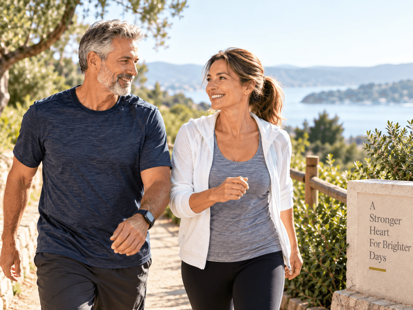 Active adults walking outdoors as part of a heart healthy lifestyle
