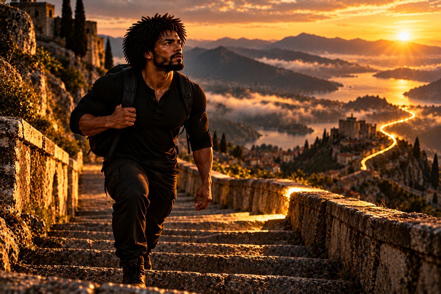 A man climbing stone steps toward a golden sunrise, the path ahead lit