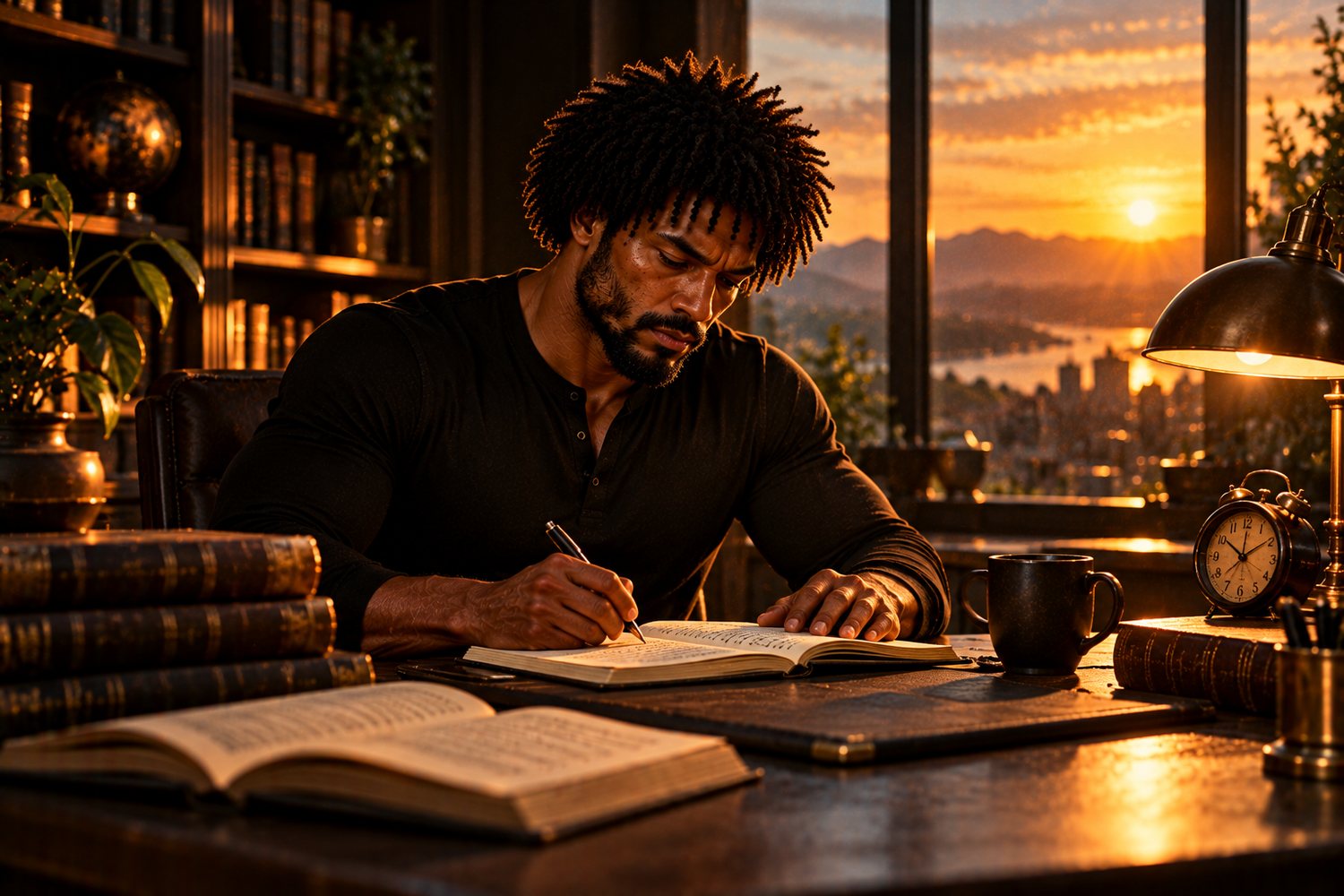A man writing in a journal at his desk at sunrise