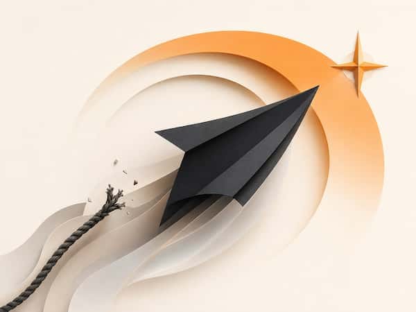 Abstract charcoal form breaking free toward an orange horizon and compass point