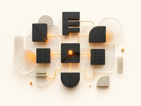 Abstract modular system connected by orange lines representing expertise restructured into a business
